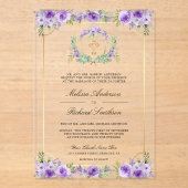 パープルフローラ金ゴールドカトリック結婚クロス アクリル招待状 (正面)