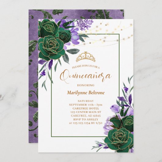 パープルフローラ金ゴールドクインセアニラ招待状 招待状 (正面/裏面)