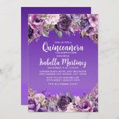 パープルフローラ金ゴールドグリッターキンセアニラ 招待状 (正面/裏面)