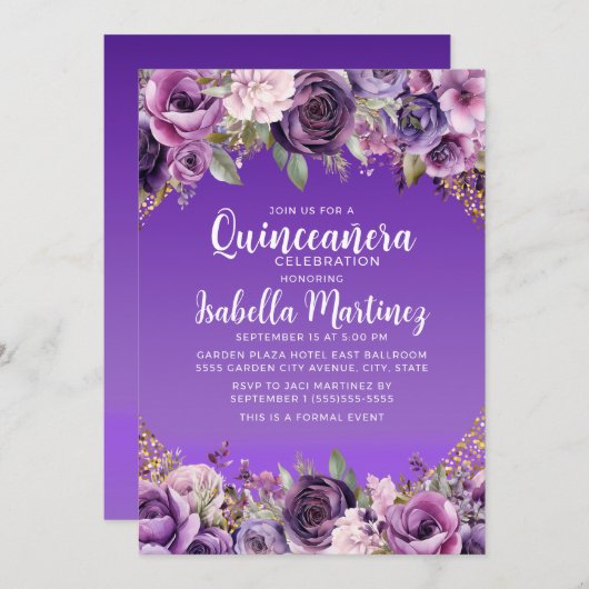 パープルフローラ金ゴールドグリッターキンセアニラ 招待状 (正面/裏面)