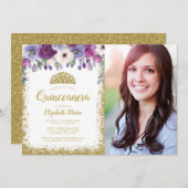 パープルフローラ金ゴールドグリッターティアラキンセアニェラ写真 招待状 (正面/裏面)