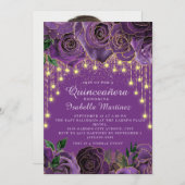 パープルフローラ金ゴールドストリングライトスターズQuinceaenera 招待状 (正面/裏面)
