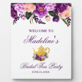 パープルフローラ金ゴールドブライダルシャワーティーウェルカム フォトプラーク (正面)