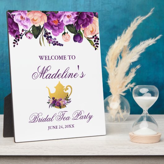 パープルフローラ金ゴールドブライダルシャワーティーウェルカム フォトプラーク (側面)