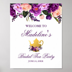 パープルフローラ金ゴールドブライダルシャワーティーウェルカム ポスター