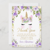 パープルフローラ金ゴールドユニコーン誕生日サンキューカード サンキューカード (正面)