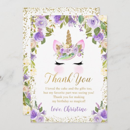パープルフローラ金ゴールドユニコーン誕生日サンキューカード サンキューカード (正面/裏面)