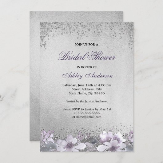 パープルフローラ銀グリッターブライダルシャワー招待状 招待状 (正面/裏面)