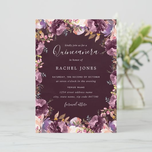 パープルフローラ開花ウォーターカラーキンセアニェラ 招待状 (スタンド正面)