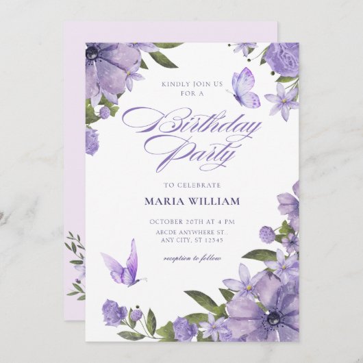 パープルフローラ開花誕生日 招待状 (正面/裏面)