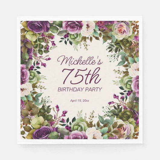 パープルフローラ離れグリーン誕生日75 スタンダードランチョンナプキン (正面)