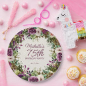 パープルフローラ離れグリーン誕生日75 ペーパープレート (パーティー)