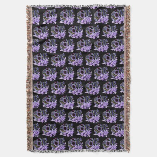パープルフローラ黒砂糖スカルデーオブザデッド スローブランケット (正面縦)