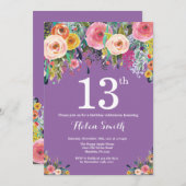 パープルフローラ13th誕生日招待状 招待状 (正面/裏面)