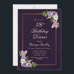 パープルフローラ18th誕生日ディナー 招待状<br><div class="desc">紫、ラベンダー、ピンクのフローラの誕生日18thディナーパーティの招待状ピンクと紫の羽毛と繊細な緑のシダの葉。</div>