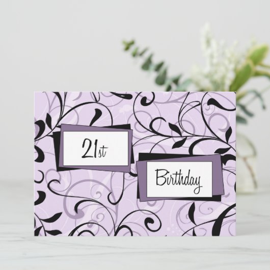 パープルフローラ21歳の誕生日パーティの招待状カード 招待状 (スタンド正面)