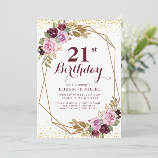 パープルフローラ21歳の誕生日パーティの招待状 招待状 (スタンド正面)