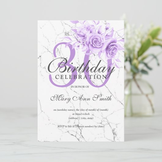パープルフローラ30th誕生日パーティー大理石 招待状 (スタンド正面)