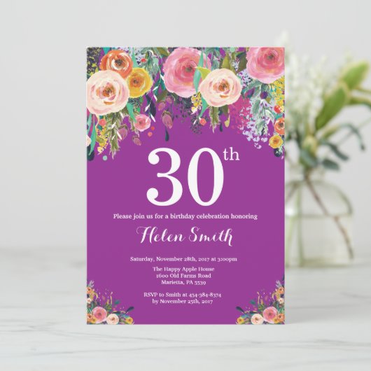 パープルフローラ40歳誕生日招待状 招待状 (スタンド正面)
