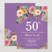 パープルフローラ50番目の誕生日招待状 招待状 (正面/裏面)