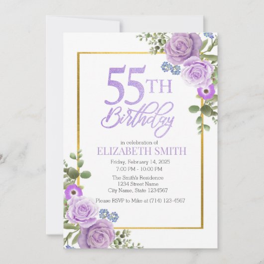 パープルフローラ55番目の誕生日招待状テンプレート 招待状 (正面)