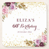 パープルフローラ60th birthday party スクエアペーパーコースター (正面)