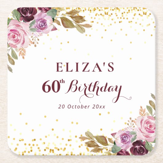 パープルフローラ60th birthday party スクエアペーパーコースター (正面)