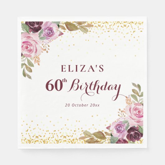 パープルフローラ60th birthday party スタンダードランチョンナプキン (正面)