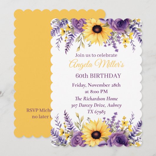 パープルフローラ60th birthday party 招待状 (正面/裏面)