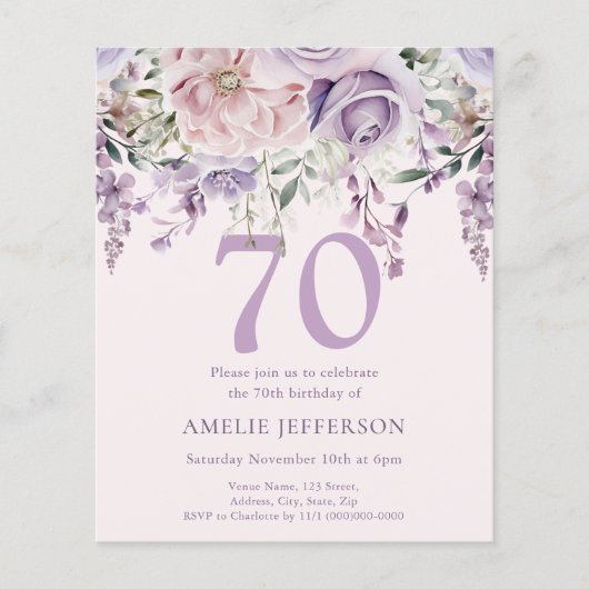 パープルフローラ70th予算誕生日招待状 (正面)