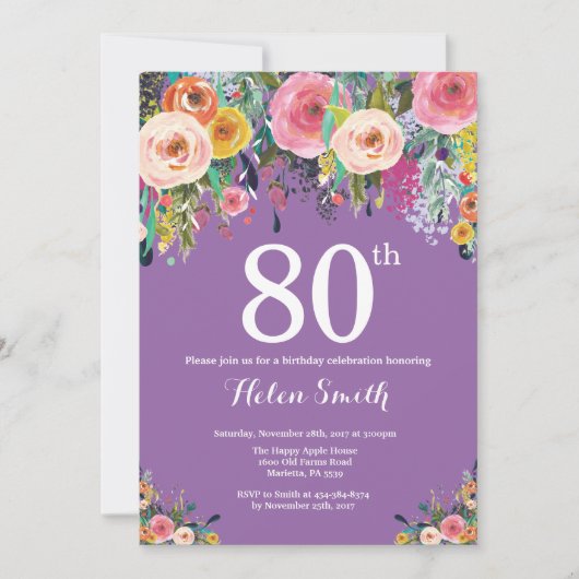 パープルフローラ80番目の誕生日招待状 招待状 (正面)