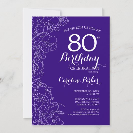 パープルフローラ80th誕生日パーティー 招待状 (正面)