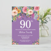 パープルフローラ90番目の誕生日招待状 招待状 (スタンド正面)