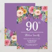 パープルフローラ90番目の誕生日招待状 招待状 (正面/裏面)