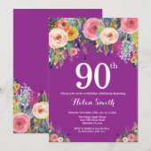 パープルフローラ90th誕生日招待状 招待状 (正面/裏面)