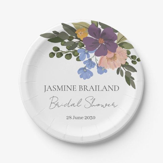 パープルフローラ&グリーンリーブーケブライダルシャワー ペーパープレート (正面)