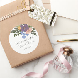 パープルフローラ&グリーンリーブーケブライダルシャワー ラウンドシール