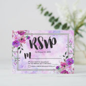 パープルフローラ&シルバーフレーム結婚式RSVP応答 出欠カード (スタンド正面)