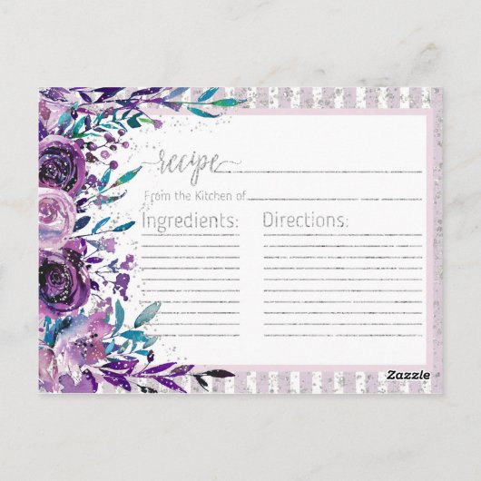 パープルフローラ&シルバーブライダルシャワーレシピカード ポストカード (裏面)
