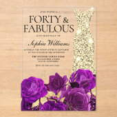 パープルフローラ&金ゴールドドレス40th誕生日パーティー アクリル招待状 (正面)