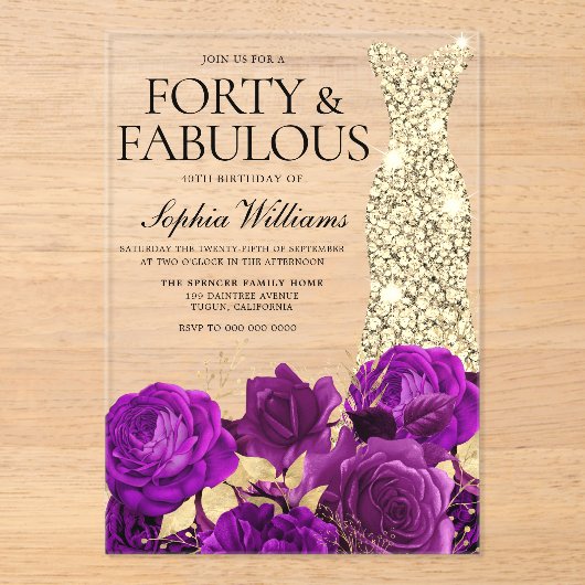 パープルフローラ&金ゴールドドレス40th誕生日パーティー アクリル招待状 (正面)