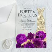 パープルフローラ&金ゴールドドレス40th誕生日パーティー アクリル招待状