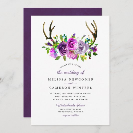 パープルフローラ〔雄ジカの〕枝角結婚式招待状 招待状 (正面/裏面)