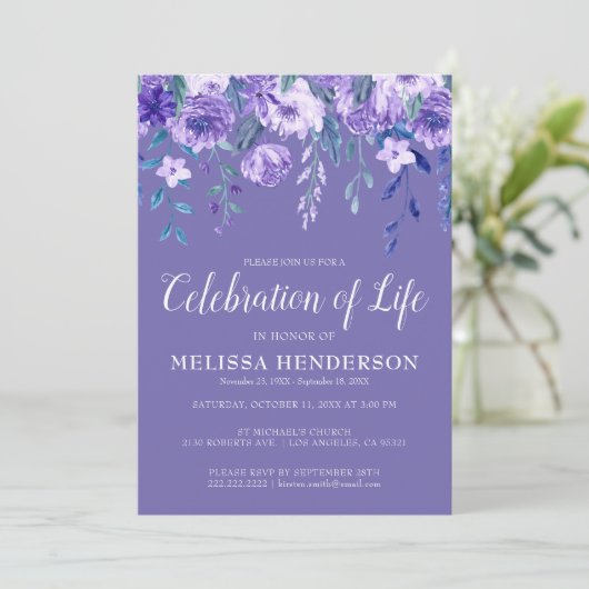 パープルフローラ(鳥)ショウジョウコウカンチョウ葬儀お祝いの生活 招待状 (スタンド正面)