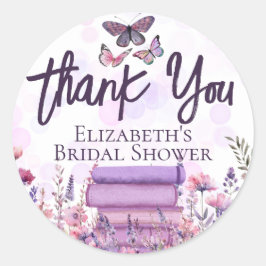 パープルブックスタック ワイルドフラワー バタフライ スクリプト ラウンドシール