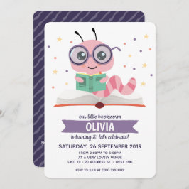 パープルブックワームの本の誕生日パーティー 招待状