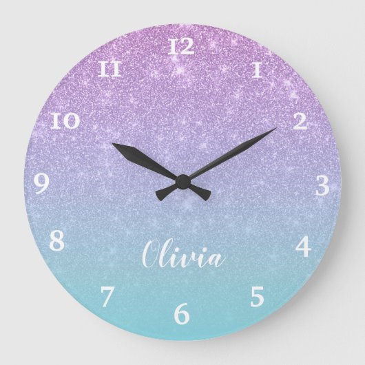 パープルブパーソナライズされたルーグリッターグラグラデーションム ラージ壁時計 (正面)
