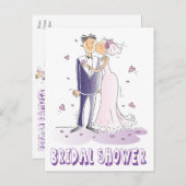 パープルブライダルシャワーカートゥーン新婦結婚と新郎 インビテーションポストカード (正面/裏面)
