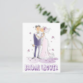 パープルブライダルシャワーカートゥーン新婦結婚と新郎 インビテーションポストカード (スタンド正面)