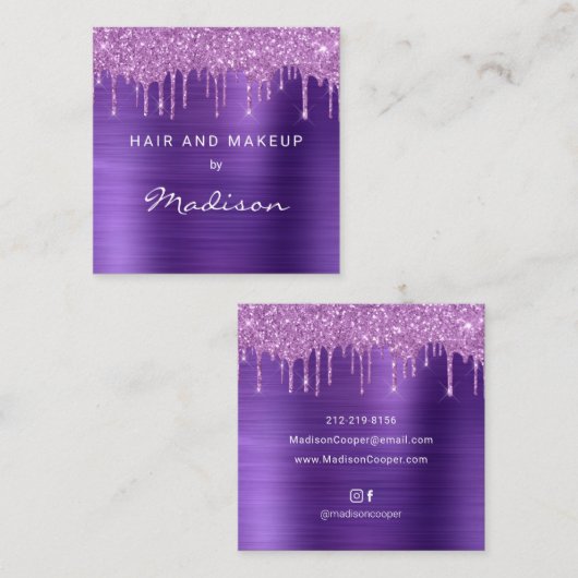 パープルブラシメタルピンクドリップグリッターヘア&メイクアップ スクエア名刺 (正面/裏面)